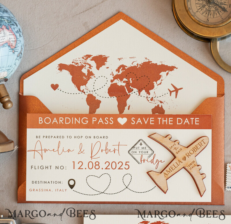 erracotta Wooden airplane magnet Save The Date Cards boardingpass travel airplane save the dates destination wedding magnets-5