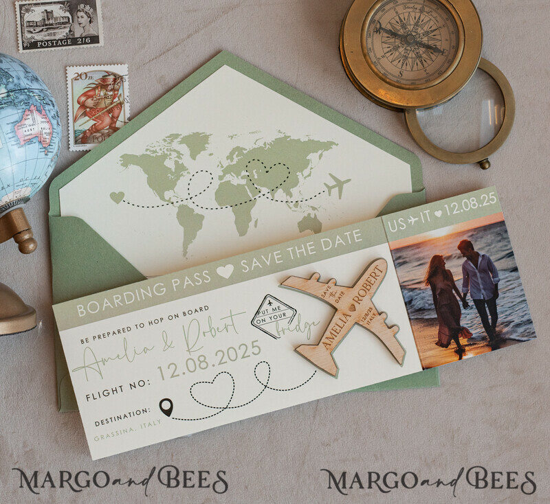 Sage green Wooden airplane magnet Save The Date Cards with photo boardingpass travel airplane save the dates destination wedding magnets-14