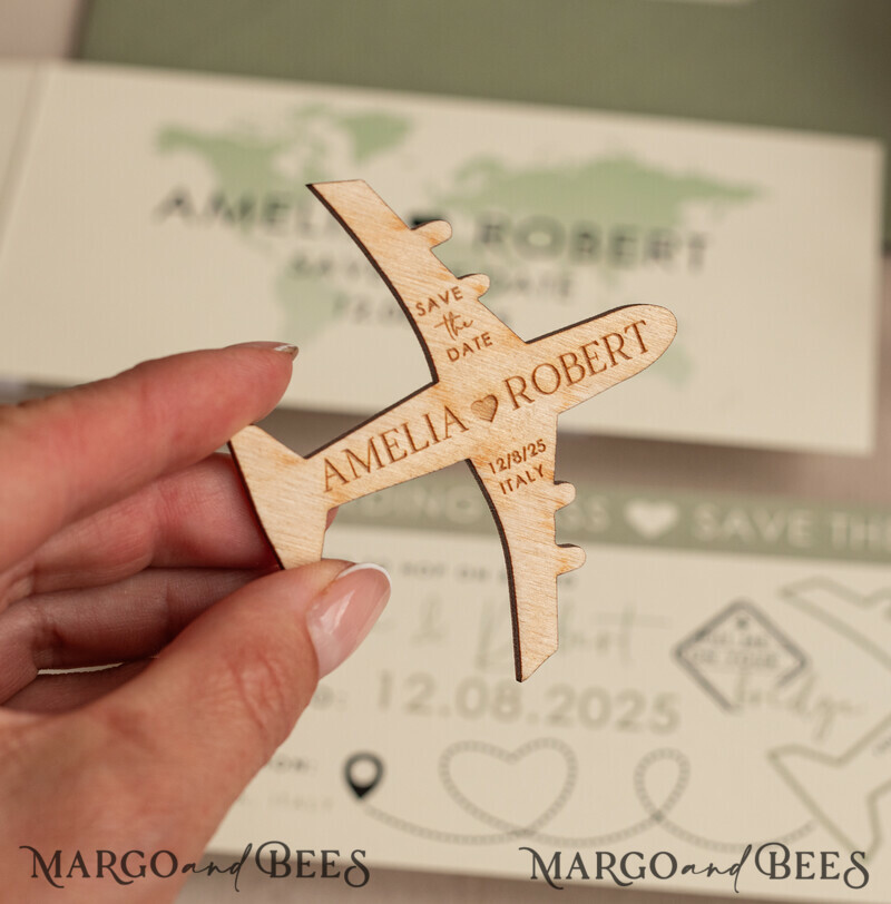 Sage green Wooden airplane magnet Save The Date Cards with photo boardingpass travel airplane save the dates destination wedding magnets-2