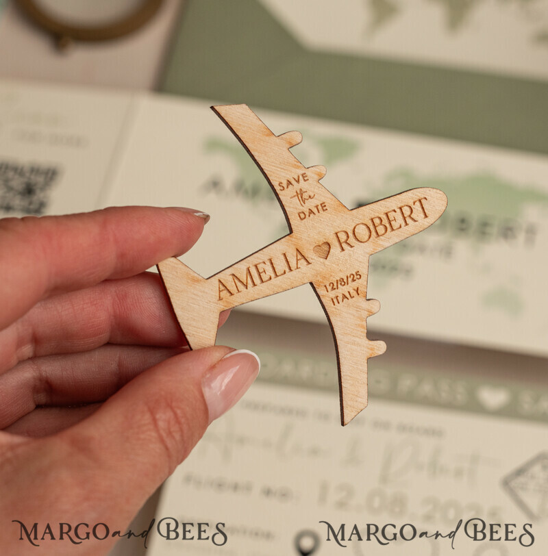 Sage green Wooden airplane magnet Save The Date Cards with photo boardingpass travel airplane save the dates destination wedding magnets-3