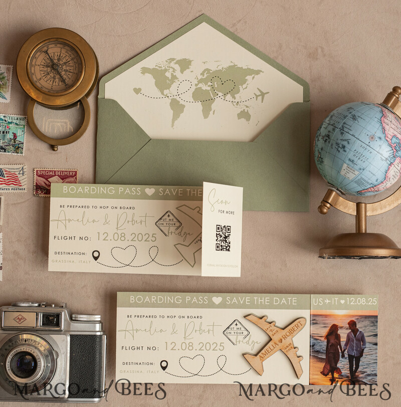 Sage green Wooden airplane magnet Save The Date Cards with photo boardingpass travel airplane save the dates destination wedding magnets-10