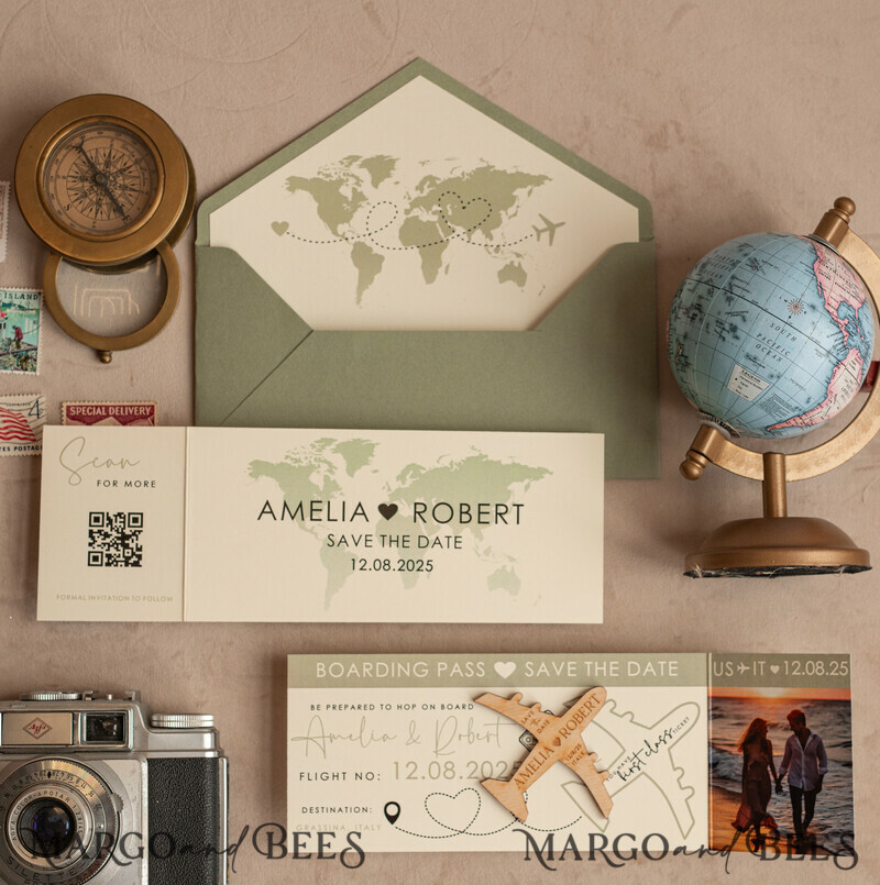Sage green Wooden airplane magnet Save The Date Cards with photo boardingpass travel airplane save the dates destination wedding magnets-4