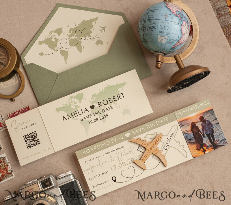 Sage green Wooden airplane magnet Save The Date Cards with photo boardingpass travel airplane save the dates destination wedding magnets-1