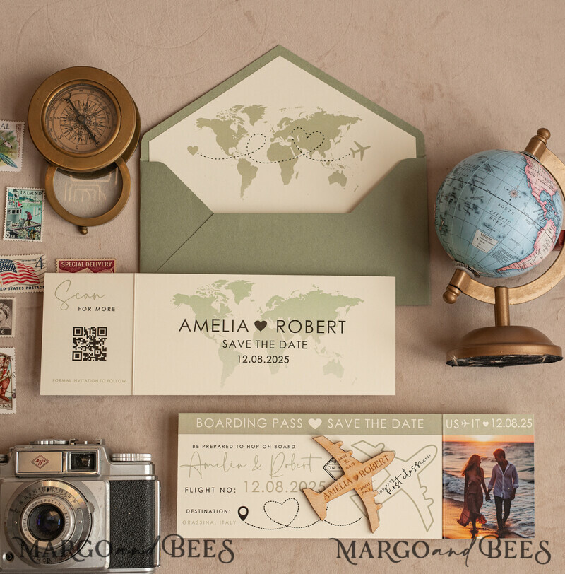 Sage green Wooden airplane magnet Save The Date Cards with photo boardingpass travel airplane save the dates destination wedding magnets-5