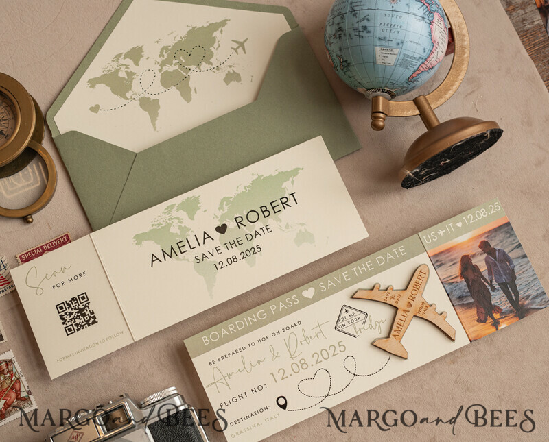 Sage green Wooden airplane magnet Save The Date Cards with photo boardingpass travel airplane save the dates destination wedding magnets-7