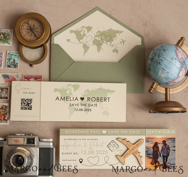 Sage green Wooden airplane magnet Save The Date Cards with photo boardingpass travel airplane save the dates destination wedding magnets-8