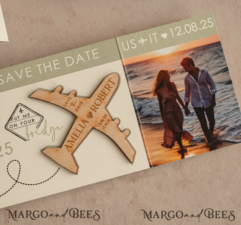 Sage green Wooden airplane magnet Save The Date Cards with photo boardingpass travel airplane save the dates destination wedding magnets-9