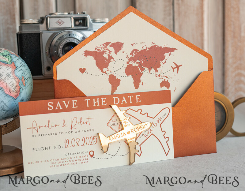 Terracotta golden airplane magnet Save The Date Cards boardingpass travel airplane save the dates destination wedding magnets-3