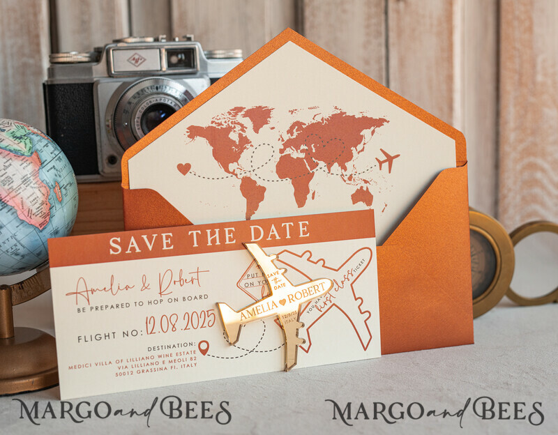 Terracotta golden airplane magnet Save The Date Cards boardingpass travel airplane save the dates destination wedding magnets-4