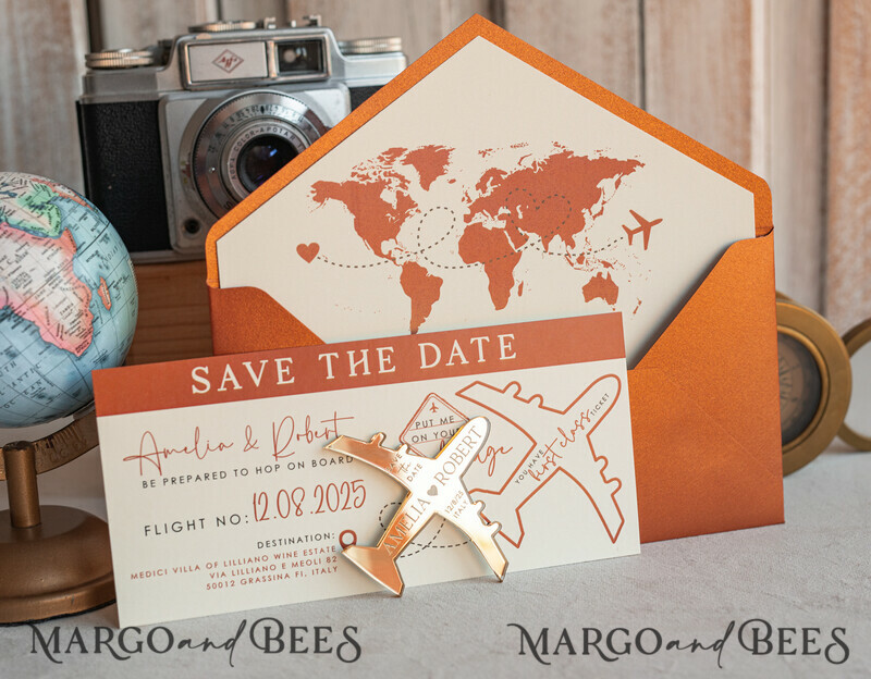 Terracotta golden airplane magnet Save The Date Cards boardingpass travel airplane save the dates destination wedding magnets-5
