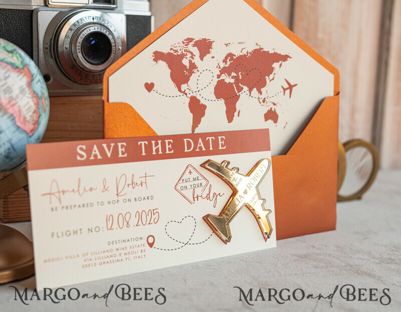Terracotta golden airplane magnet Save The Date Cards boardingpass travel airplane save the dates destination wedding magnets-6
