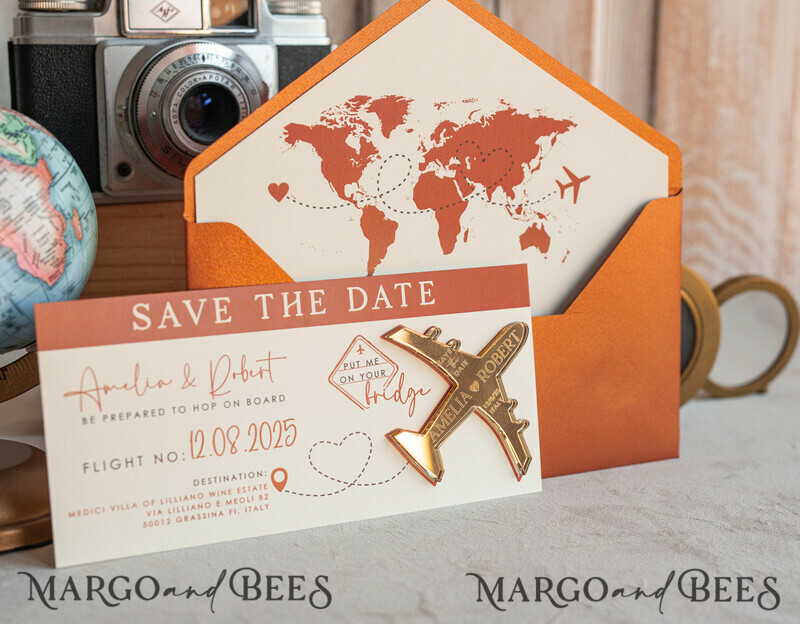 Terracotta golden airplane magnet Save The Date Cards boardingpass travel airplane save the dates destination wedding magnets-7