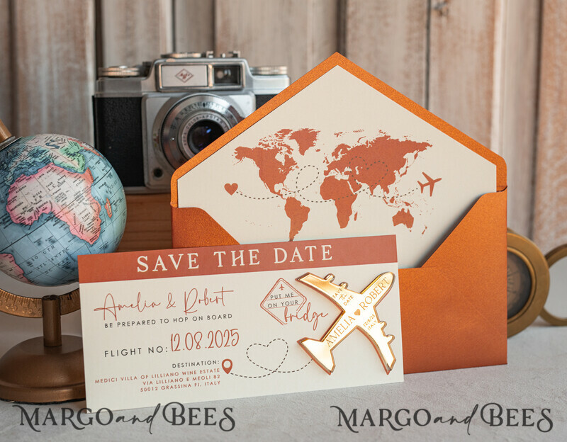 Terracotta golden airplane magnet Save The Date Cards boardingpass travel airplane save the dates destination wedding magnets-8