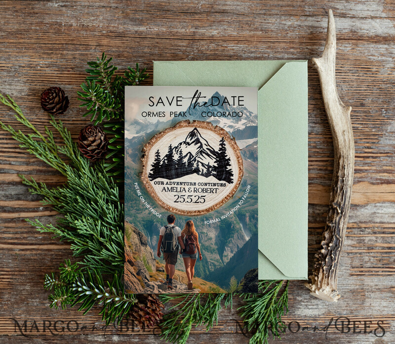 Mountains Save the Date Cards with photo and magnets, Sage green Travel Wedding Save Our Dates , Colorado forest Wooden slice magnets-0