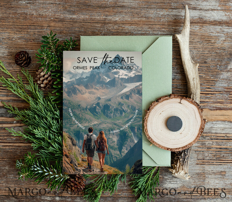 Mountains Save the Date Cards with photo and magnets, Sage green Travel Wedding Save Our Dates , Colorado forest Wooden slice magnets-1