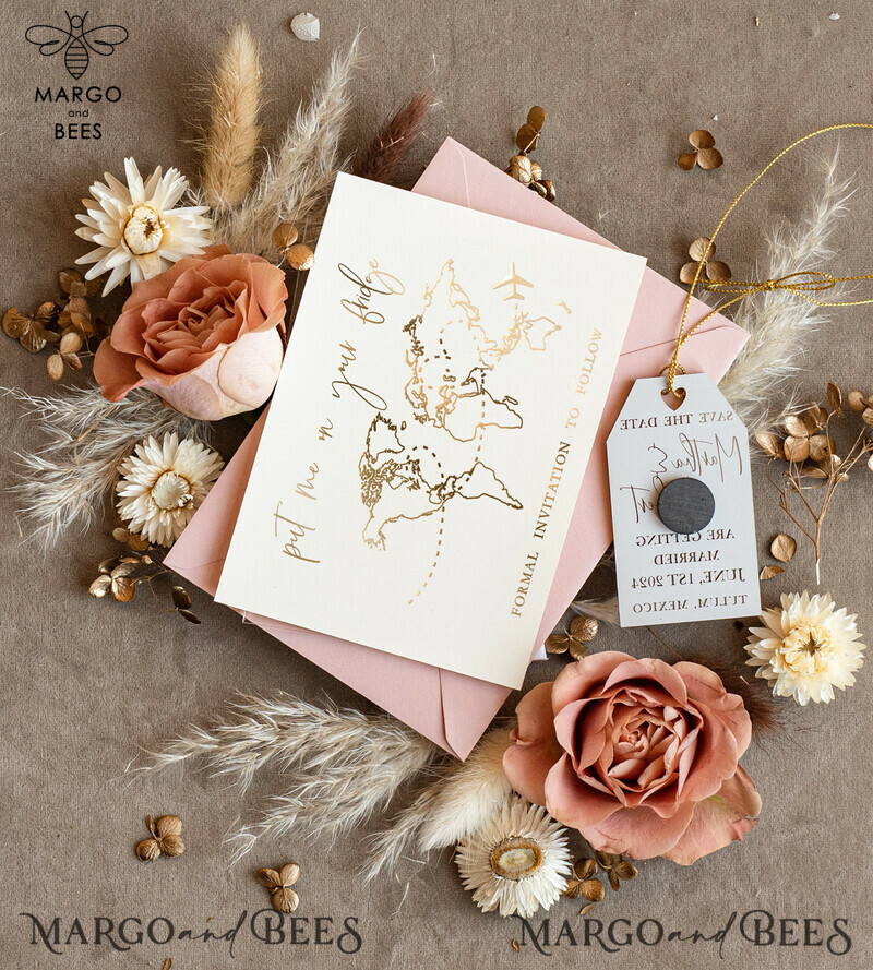 Personalised Gold Blush Pink Acrylic Tag Magnet and Card for Travel-themed Save the Dates-3