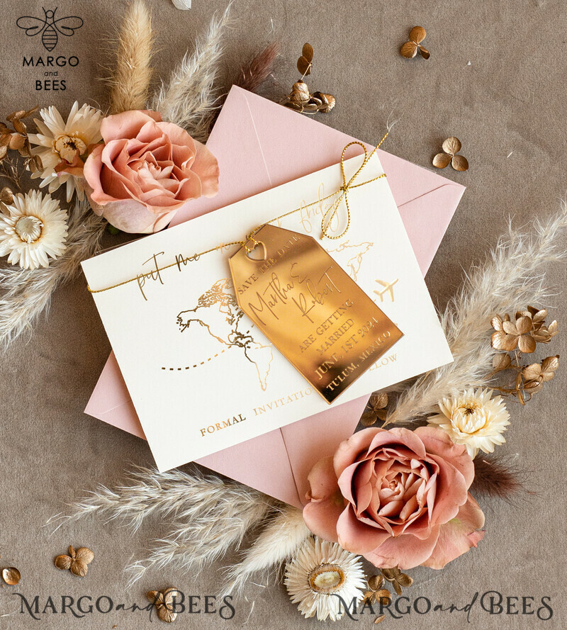 Personalised Gold Blush Pink Acrylic Tag Magnet and Card for Travel-themed Save the Dates-0