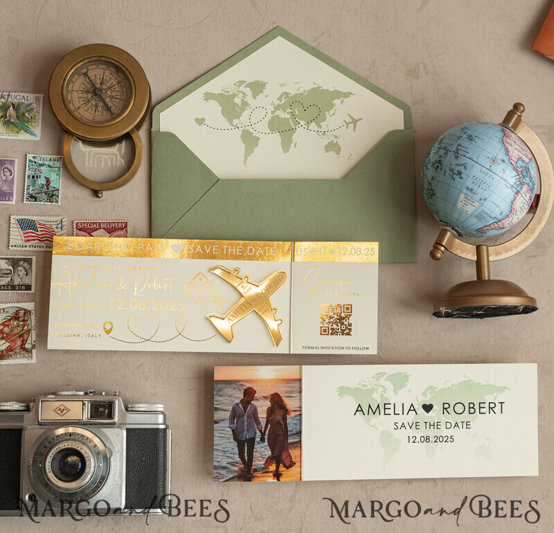 Sage green golden airplane magnet Save The Date Cards with Photo boardingpass travel airplane save the dates destination wedding magnets-16