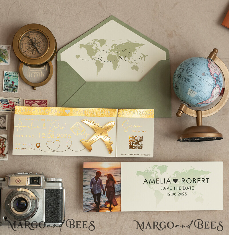 Sage green golden airplane magnet Save The Date Cards with Photo boardingpass travel airplane save the dates destination wedding magnets-17