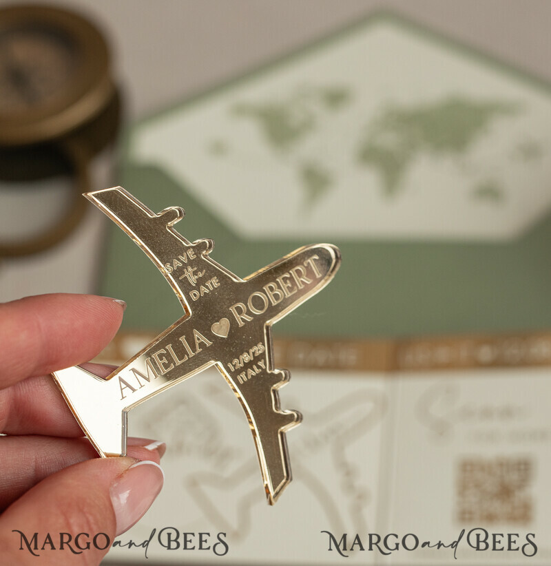 Sage green golden airplane magnet Save The Date Cards with Photo boardingpass travel airplane save the dates destination wedding magnets-18