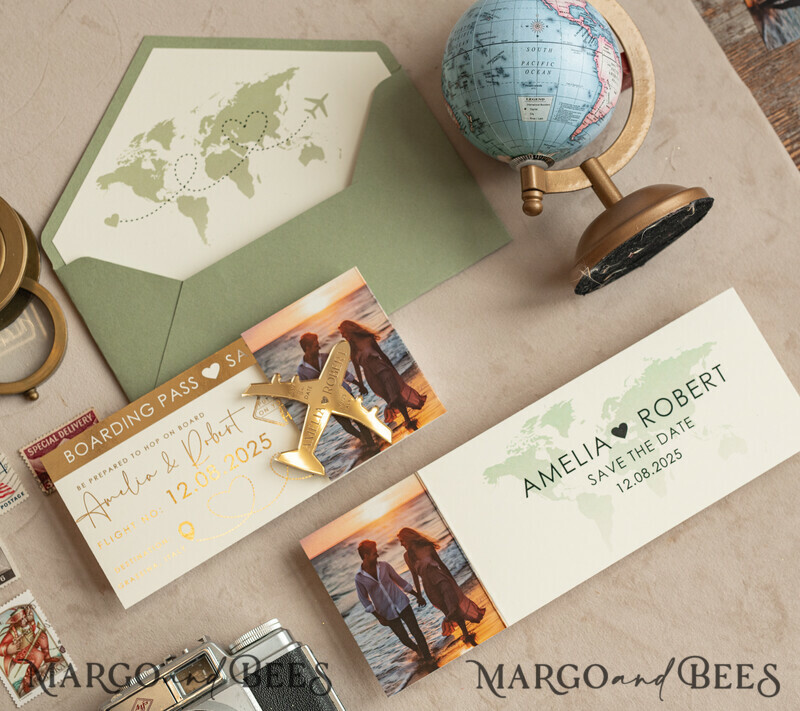 Sage green golden airplane magnet Save The Date Cards with Photo boardingpass travel airplane save the dates destination wedding magnets-8
