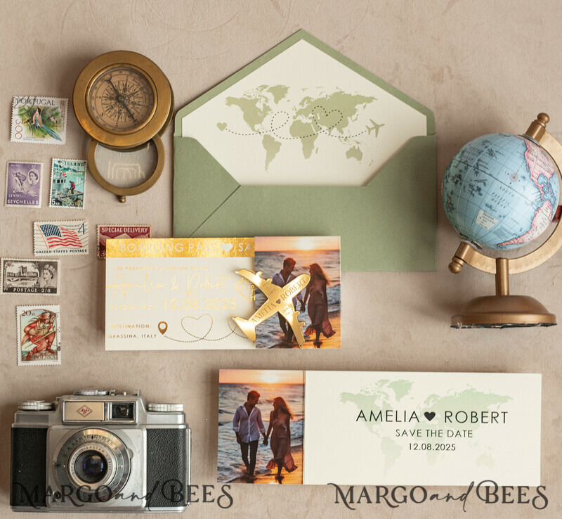 Sage green golden airplane magnet Save The Date Cards with Photo boardingpass travel airplane save the dates destination wedding magnets-9