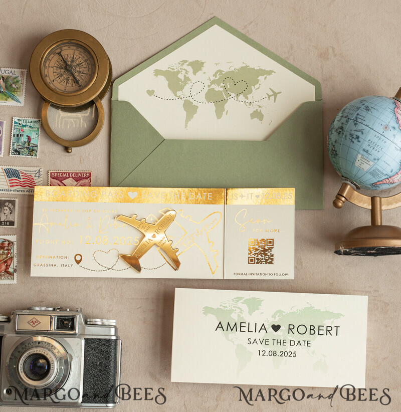 Sage green golden airplane magnet Save The Date Cards with Photo boardingpass travel airplane save the dates destination wedding magnets-10