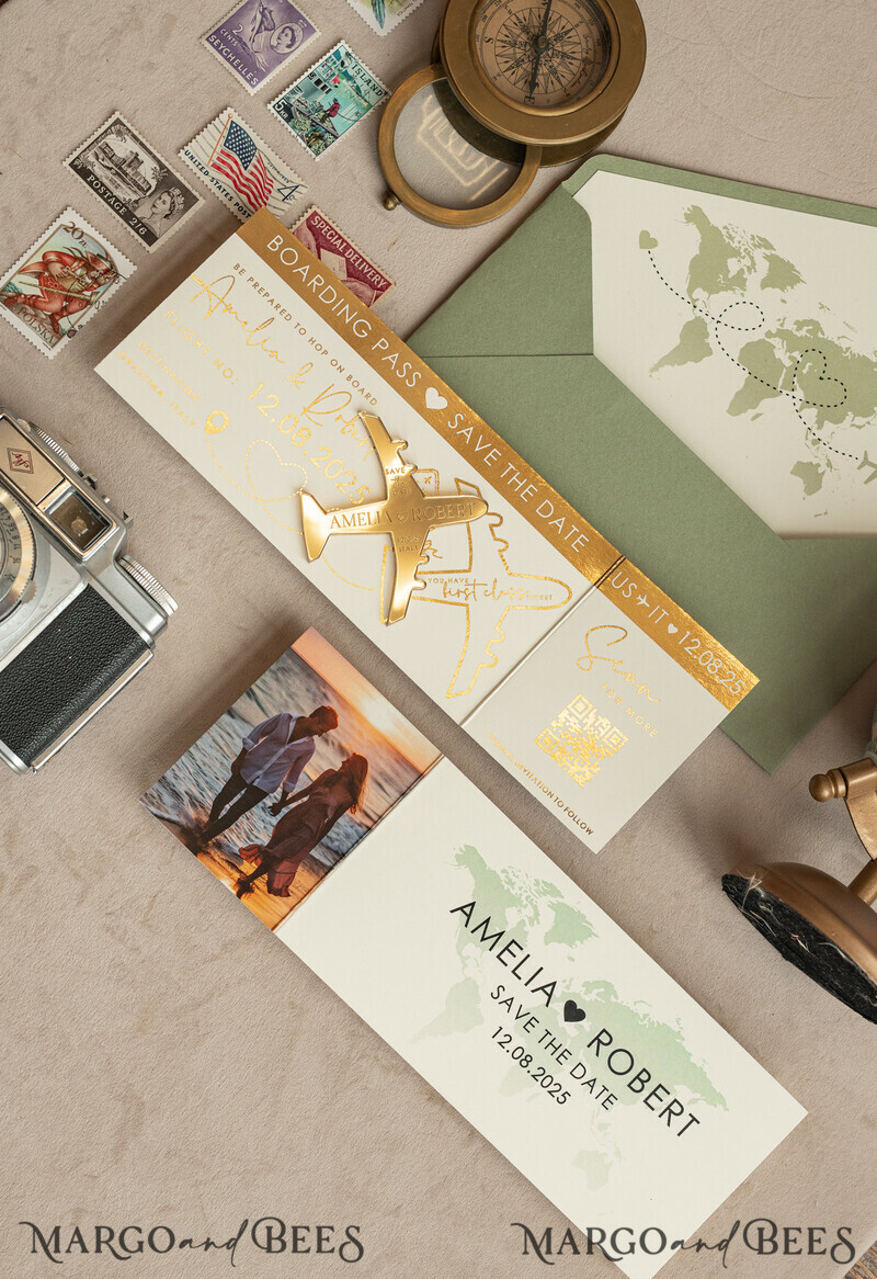Sage green golden airplane magnet Save The Date Cards with Photo boardingpass travel airplane save the dates destination wedding magnets-11