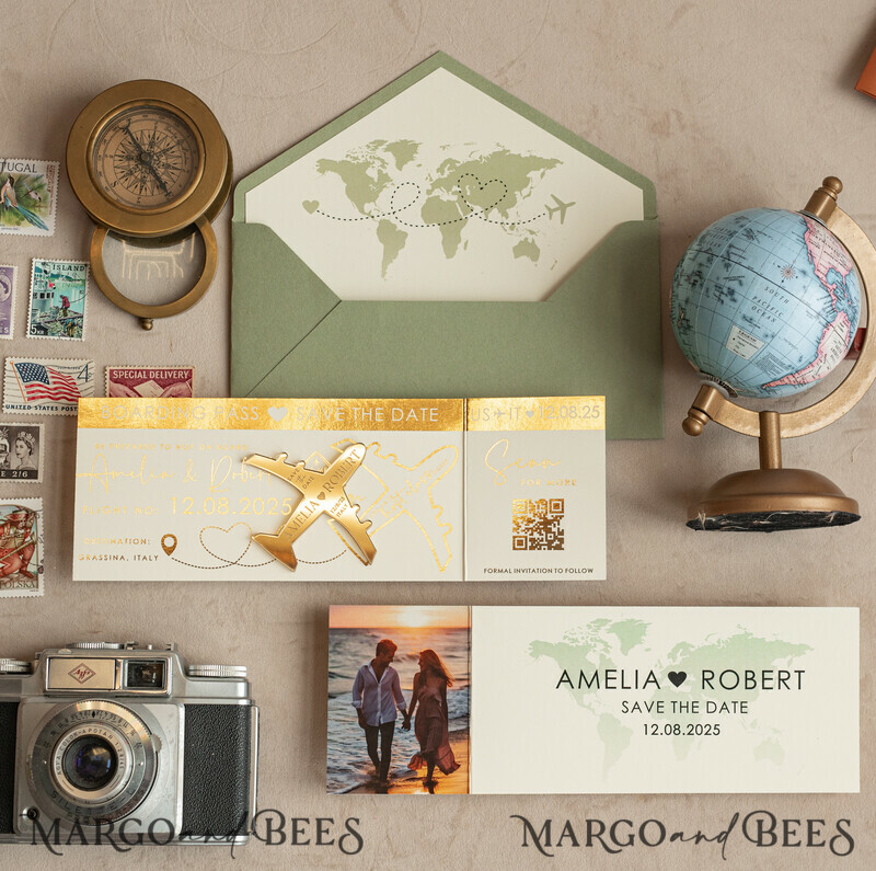 Sage green golden airplane magnet Save The Date Cards with Photo boardingpass travel airplane save the dates destination wedding magnets-12