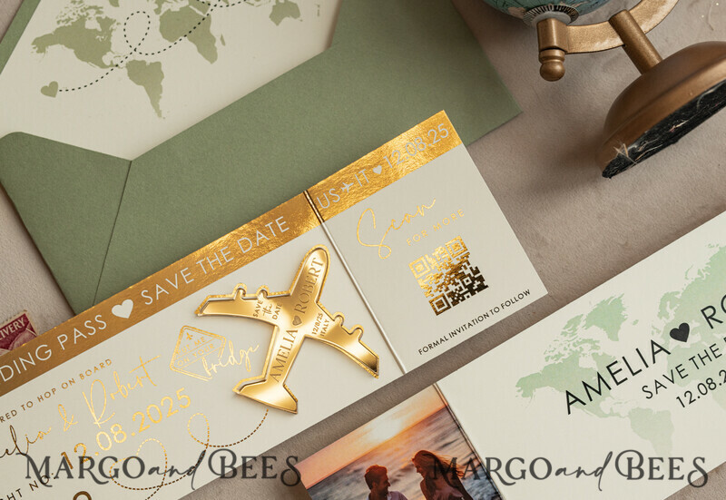 Sage green golden airplane magnet Save The Date Cards with Photo boardingpass travel airplane save the dates destination wedding magnets-13