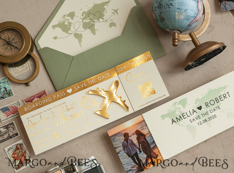 Sage green golden airplane magnet Save The Date Cards with Photo boardingpass travel airplane save the dates destination wedding magnets-14