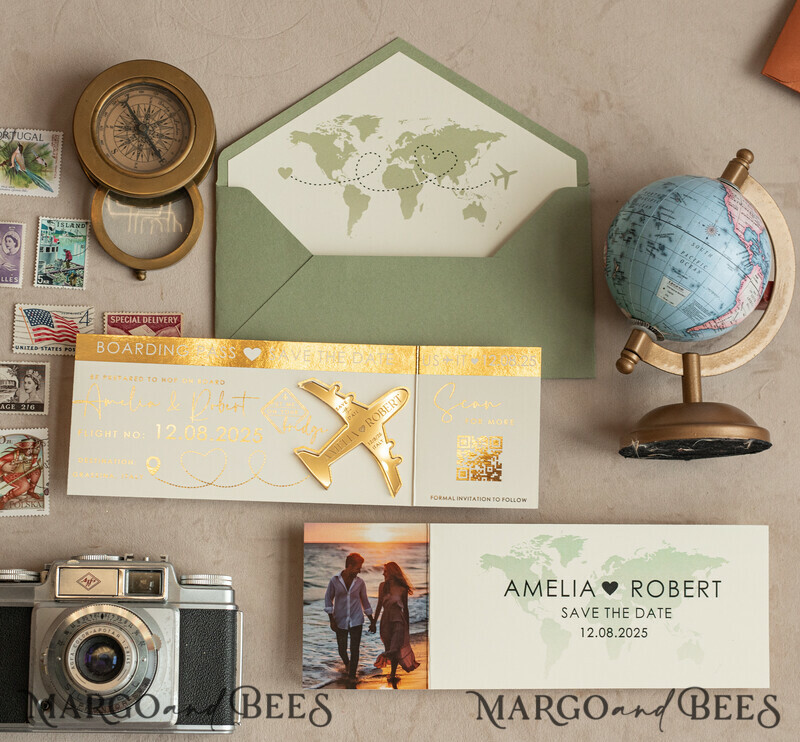 Sage green golden airplane magnet Save The Date Cards with Photo boardingpass travel airplane save the dates destination wedding magnets-15