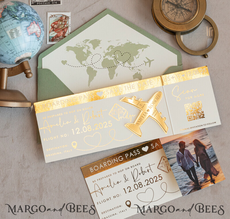 Sage green golden airplane magnet Save The Date Cards with Photo boardingpass travel airplane save the dates destination wedding magnets-3