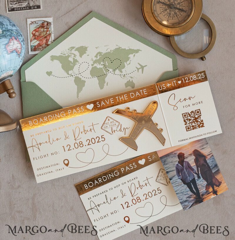 Sage green golden airplane magnet Save The Date Cards with Photo boardingpass travel airplane save the dates destination wedding magnets-0