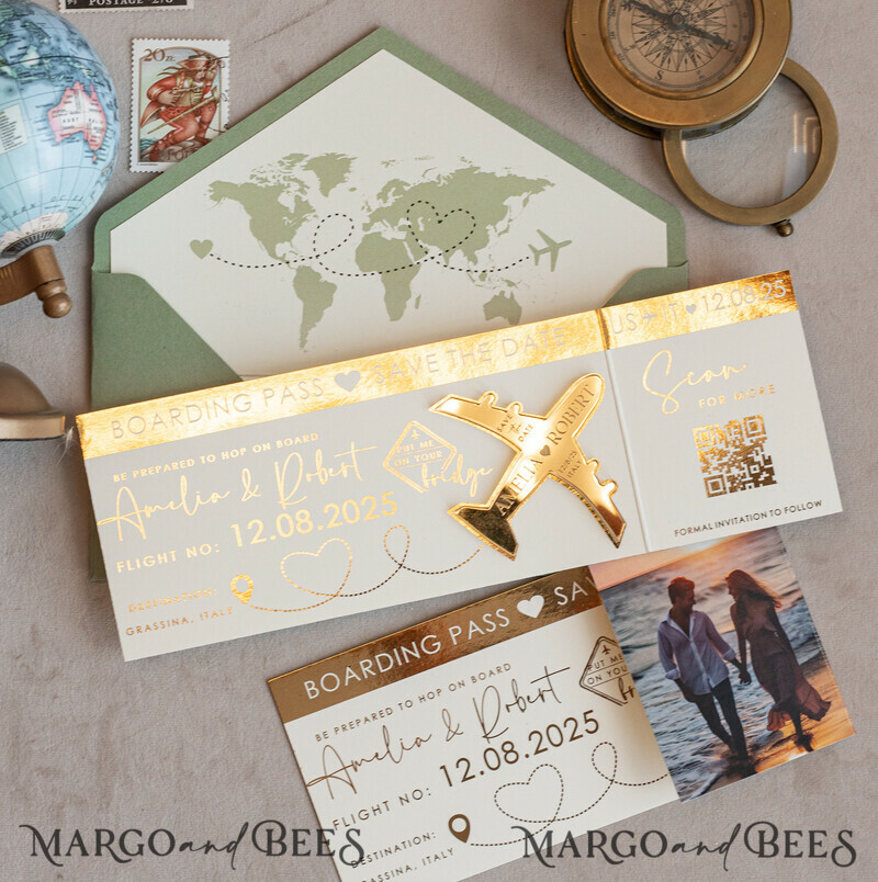 Sage green golden airplane magnet Save The Date Cards with Photo boardingpass travel airplane save the dates destination wedding magnets-1