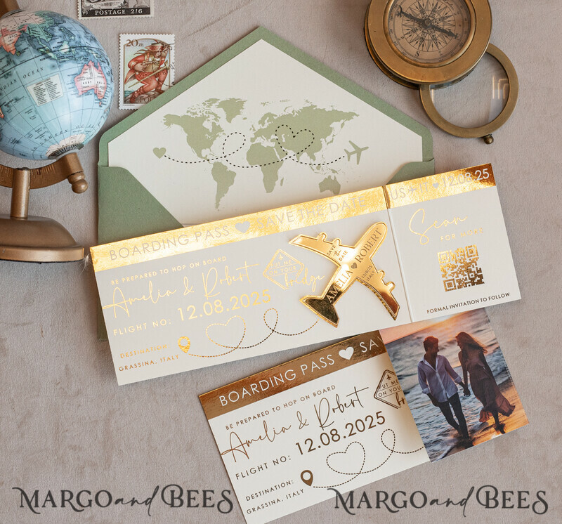 Sage green golden airplane magnet Save The Date Cards with Photo boardingpass travel airplane save the dates destination wedding magnets-2