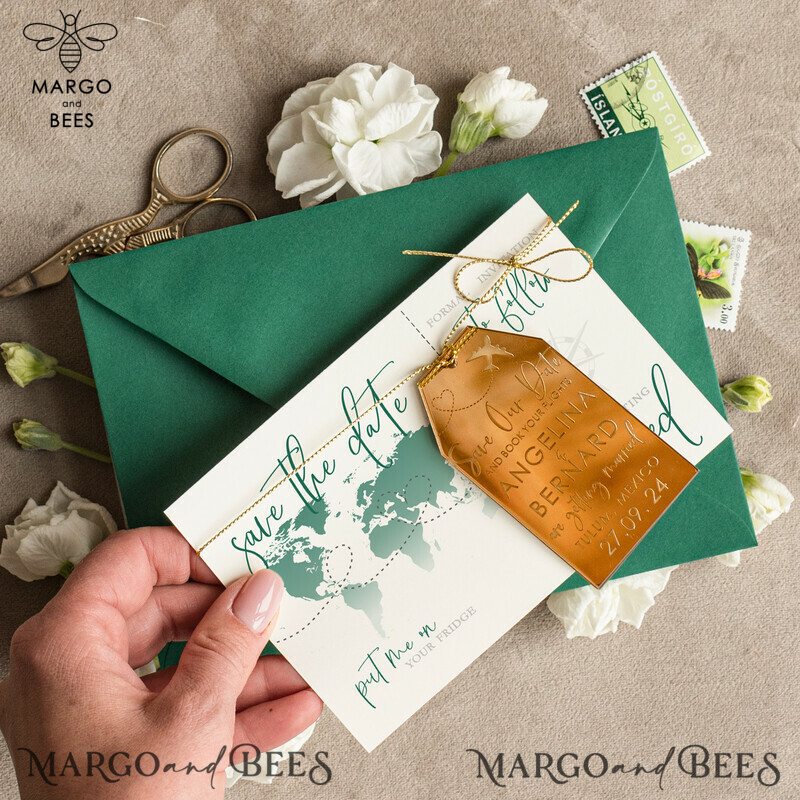 Personalised Travel Save the Date Acrylic Tag Magnet and Card: Gold Dark Green Luggage Tag Wedding Save The Dates Acrylic Magnets and Save The Date Cards-2