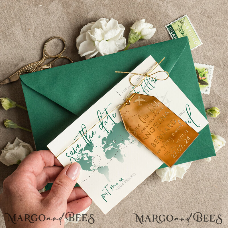 Personalised Travel Save the Date Acrylic Tag Magnet and Card: Gold Dark Green Luggage Tag Wedding Save The Dates Acrylic Magnets and Save The Date Cards-2