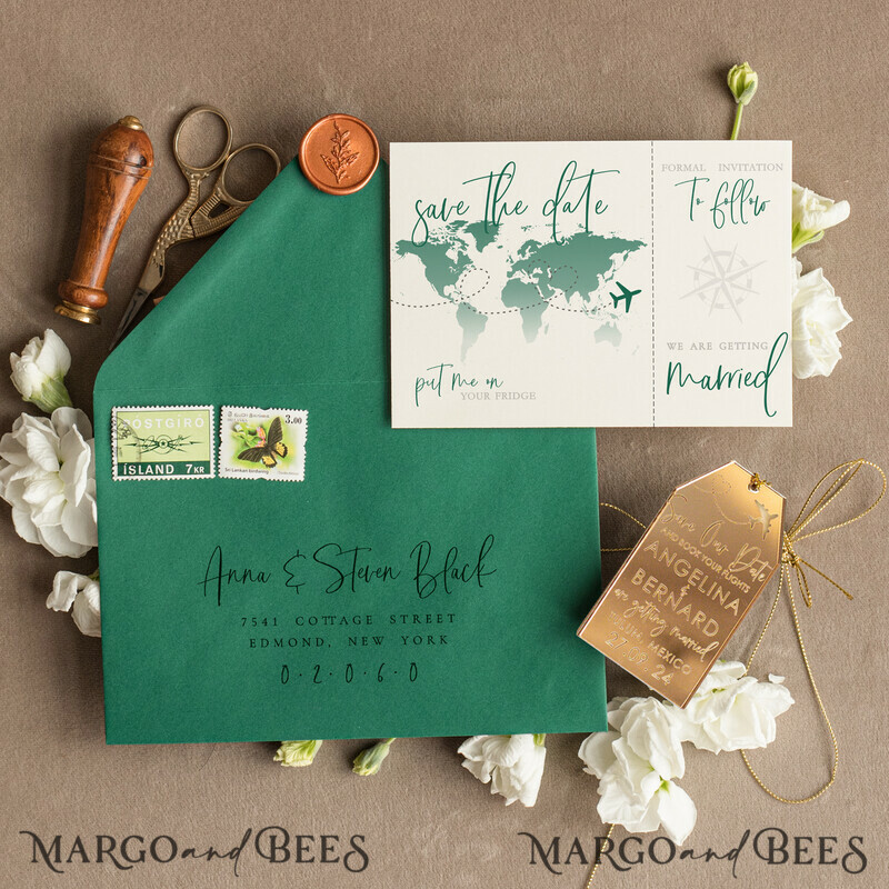 Personalised Travel Save the Date Acrylic Tag Magnet and Card: Gold Dark Green Luggage Tag Wedding Save The Dates Acrylic Magnets and Save The Date Cards-3