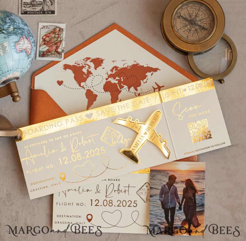 Terracotta golden airplane magnet Save The Date Cards with photo boardingpass travel airplane save the dates destination wedding magnets-1