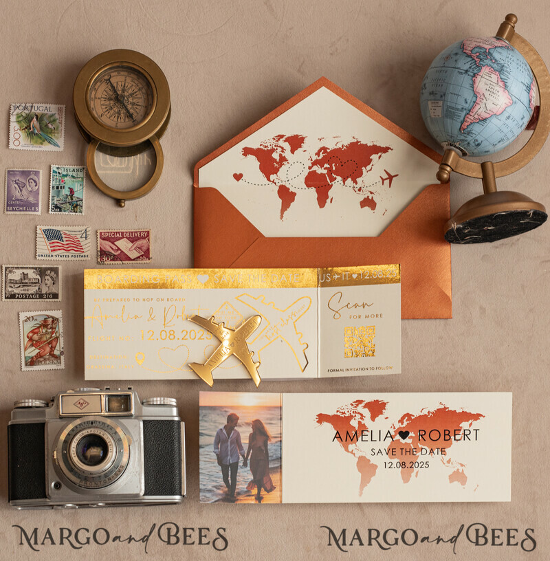 Terracotta golden airplane magnet Save The Date Cards with photo boardingpass travel airplane save the dates destination wedding magnets-10