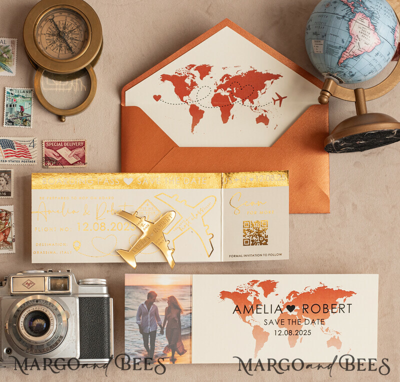 Terracotta golden airplane magnet Save The Date Cards with photo boardingpass travel airplane save the dates destination wedding magnets-11