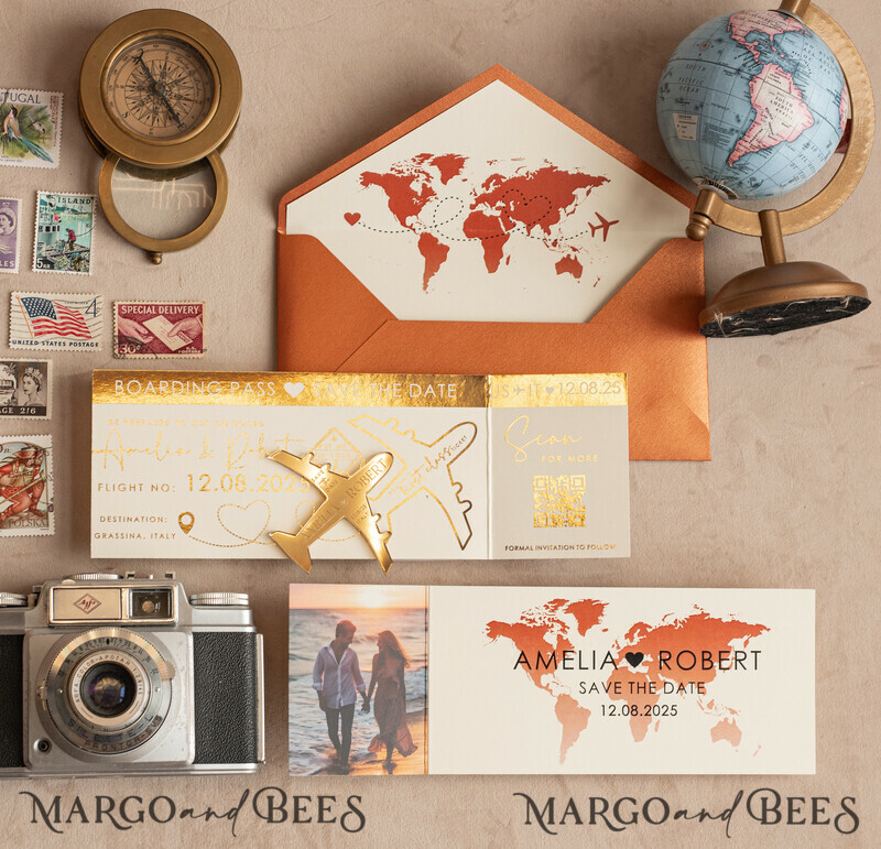 Terracotta golden airplane magnet Save The Date Cards with photo boardingpass travel airplane save the dates destination wedding magnets-12