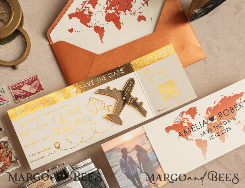 Terracotta golden airplane magnet Save The Date Cards with photo boardingpass travel airplane save the dates destination wedding magnets-13