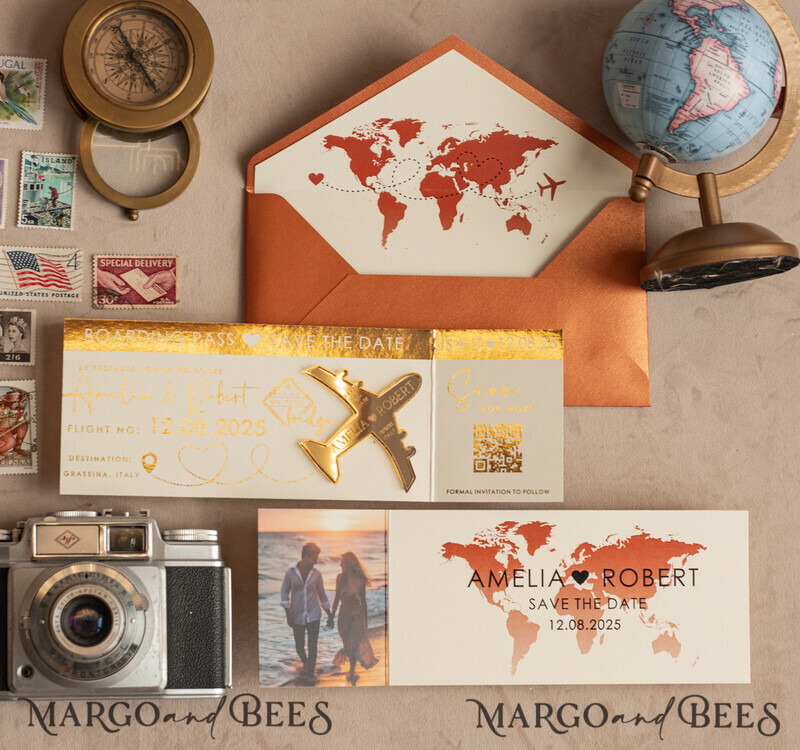 Terracotta golden airplane magnet Save The Date Cards with photo boardingpass travel airplane save the dates destination wedding magnets-14