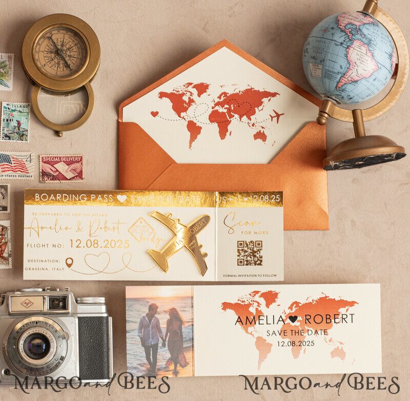 Terracotta golden airplane magnet Save The Date Cards with photo boardingpass travel airplane save the dates destination wedding magnets-15