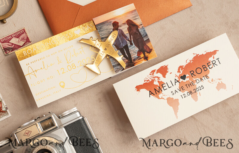 Terracotta golden airplane magnet Save The Date Cards with photo boardingpass travel airplane save the dates destination wedding magnets-2