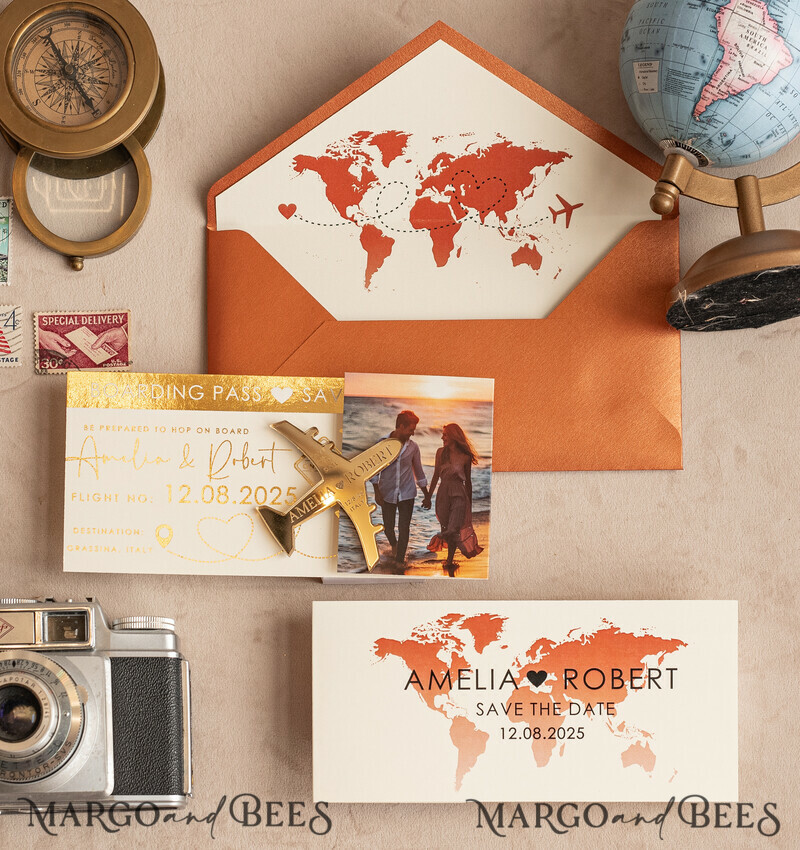 Terracotta golden airplane magnet Save The Date Cards with photo boardingpass travel airplane save the dates destination wedding magnets-3