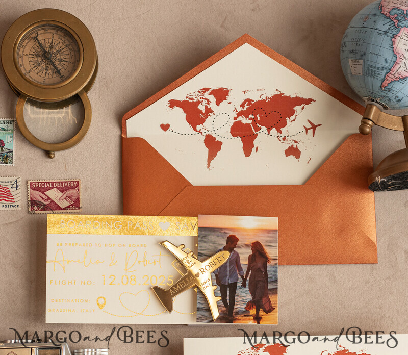 Terracotta golden airplane magnet Save The Date Cards with photo boardingpass travel airplane save the dates destination wedding magnets-4