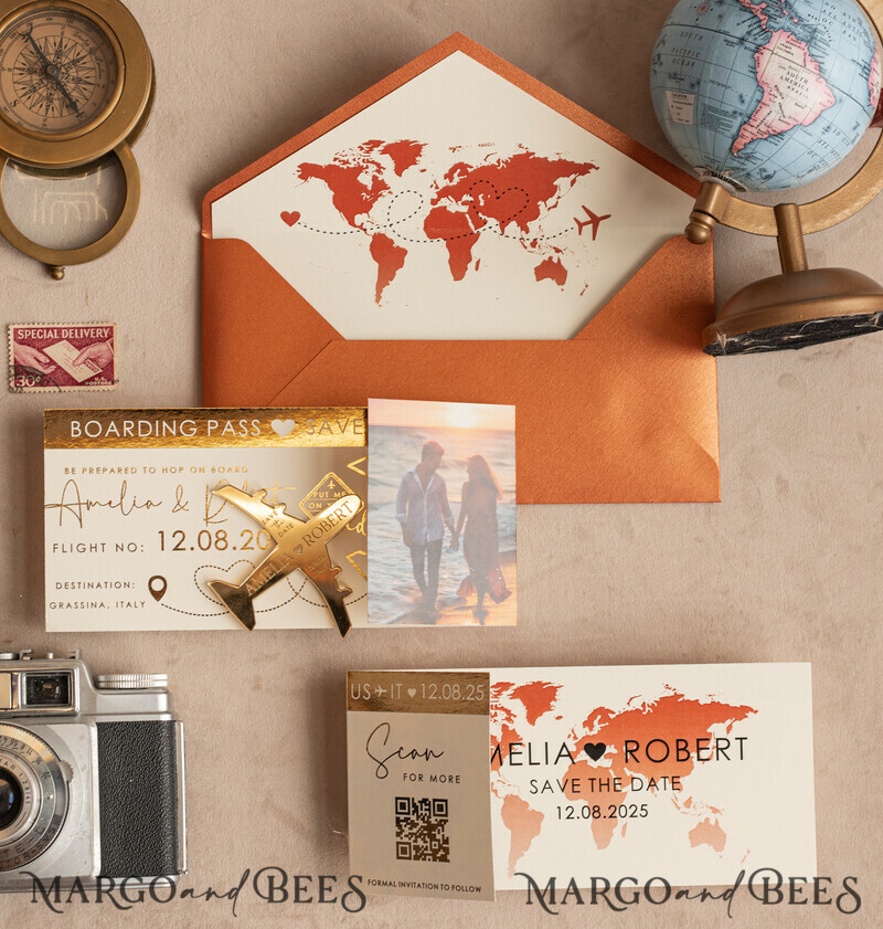 Terracotta golden airplane magnet Save The Date Cards with photo boardingpass travel airplane save the dates destination wedding magnets-5